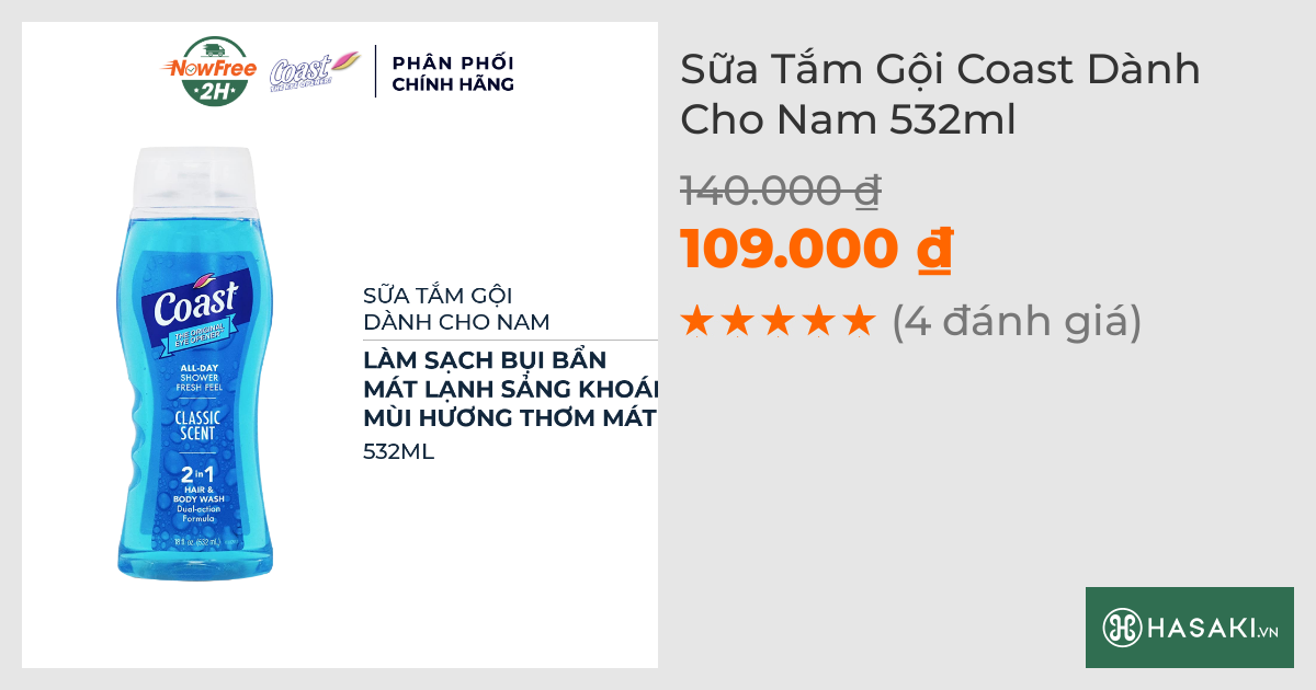 Sữa Tắm Gội Coast Dành Cho Nam 532ml