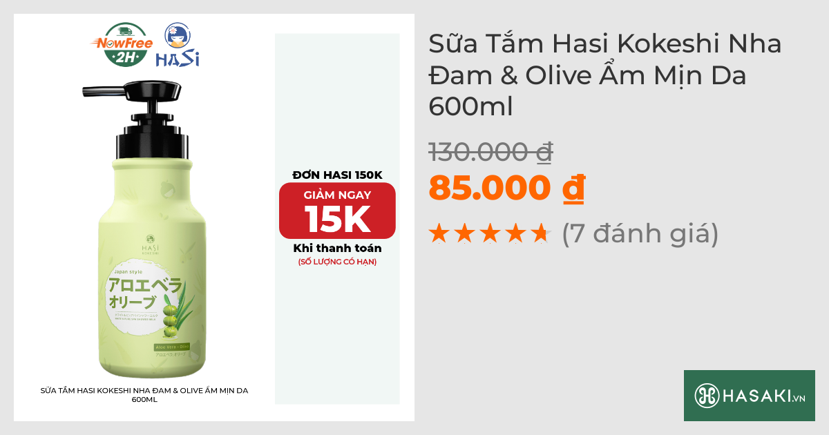 Sữa Tắm Hasi Kokeshi Nha Đam & Olive Ẩm Mịn Da 600ml