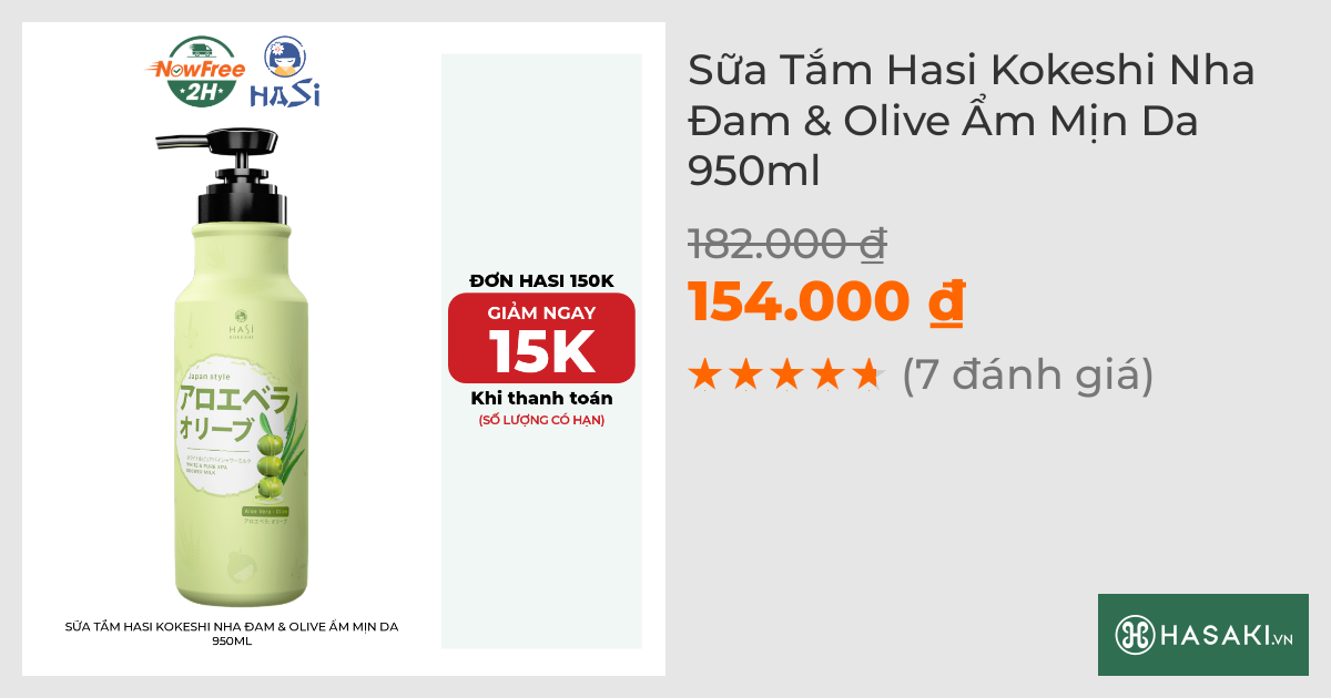 Sữa Tắm Hasi Kokeshi Nha Đam & Olive Ẩm Mịn Da 950ml