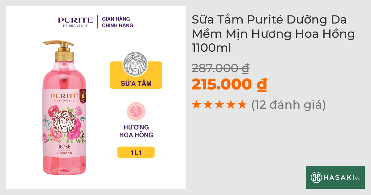 Sữa Tắm Purité Dưỡng Da Mềm Mịn Hương Hoa Hồng 1100ml