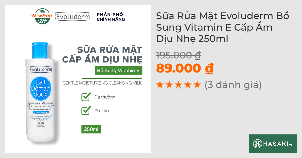 Sữa Rửa Mặt Evoluderm Bổ Sung Vitamin E Cấp Ẩm Dịu Nhẹ 250ml