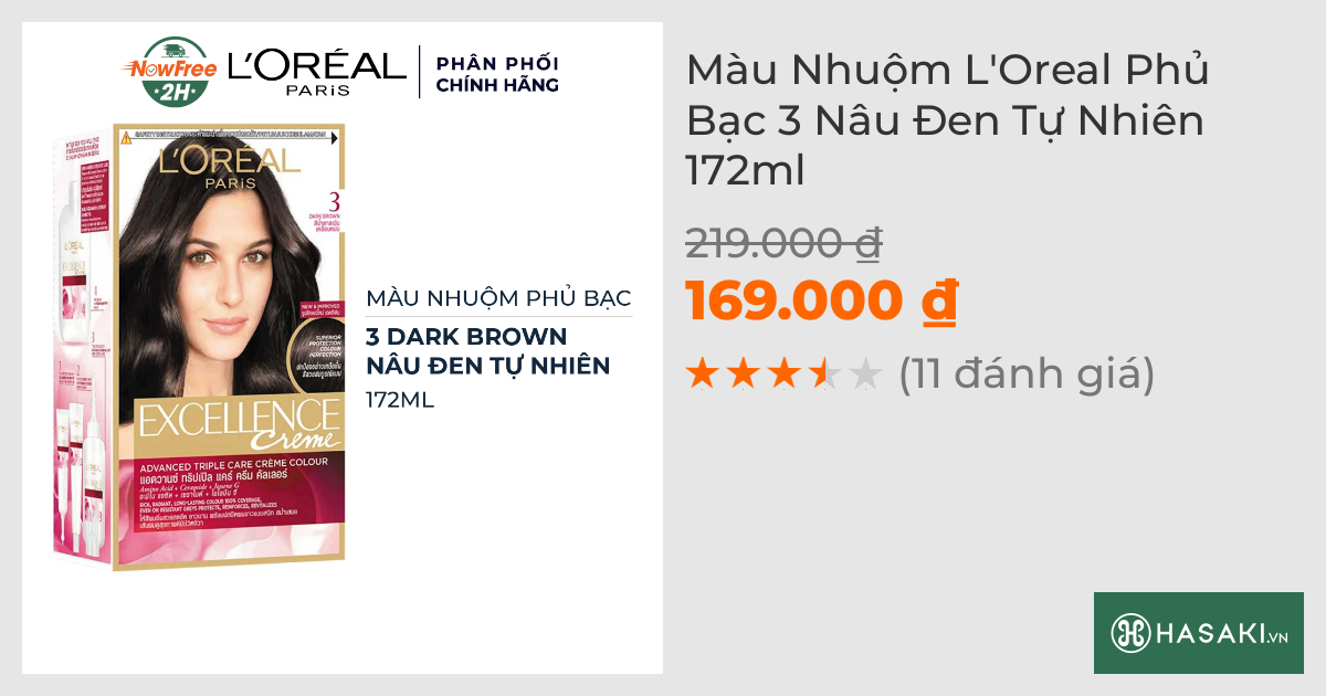 Màu Nhuộm L'Oreal Phủ Bạc 3 Nâu Đen Tự Nhiên 172ml