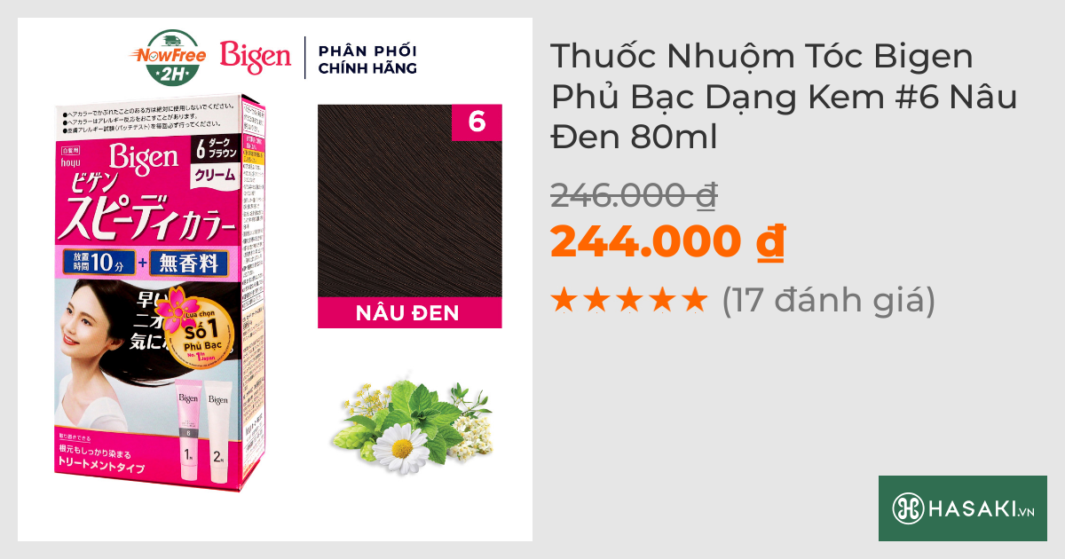 Thuốc Nhuộm Tóc Bigen Phủ Bạc Dạng Kem #6 Nâu Đen 80ml