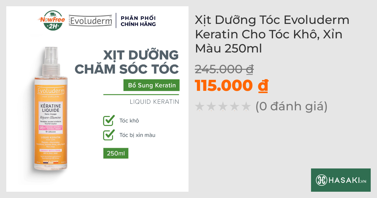 Xịt Dưỡng Tóc Evoluderm Keratin Cho Tóc Khô, Xỉn Màu 250ml