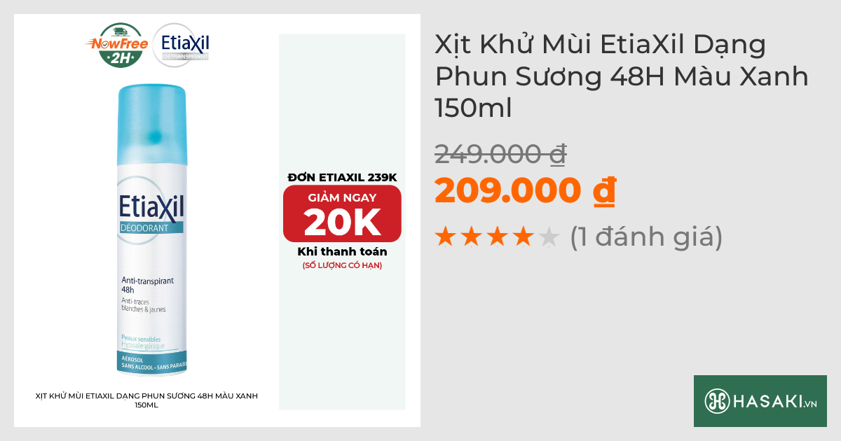 Xịt Khử Mùi EtiaXil Dạng Phun Sương 48H Màu Xanh 150ml