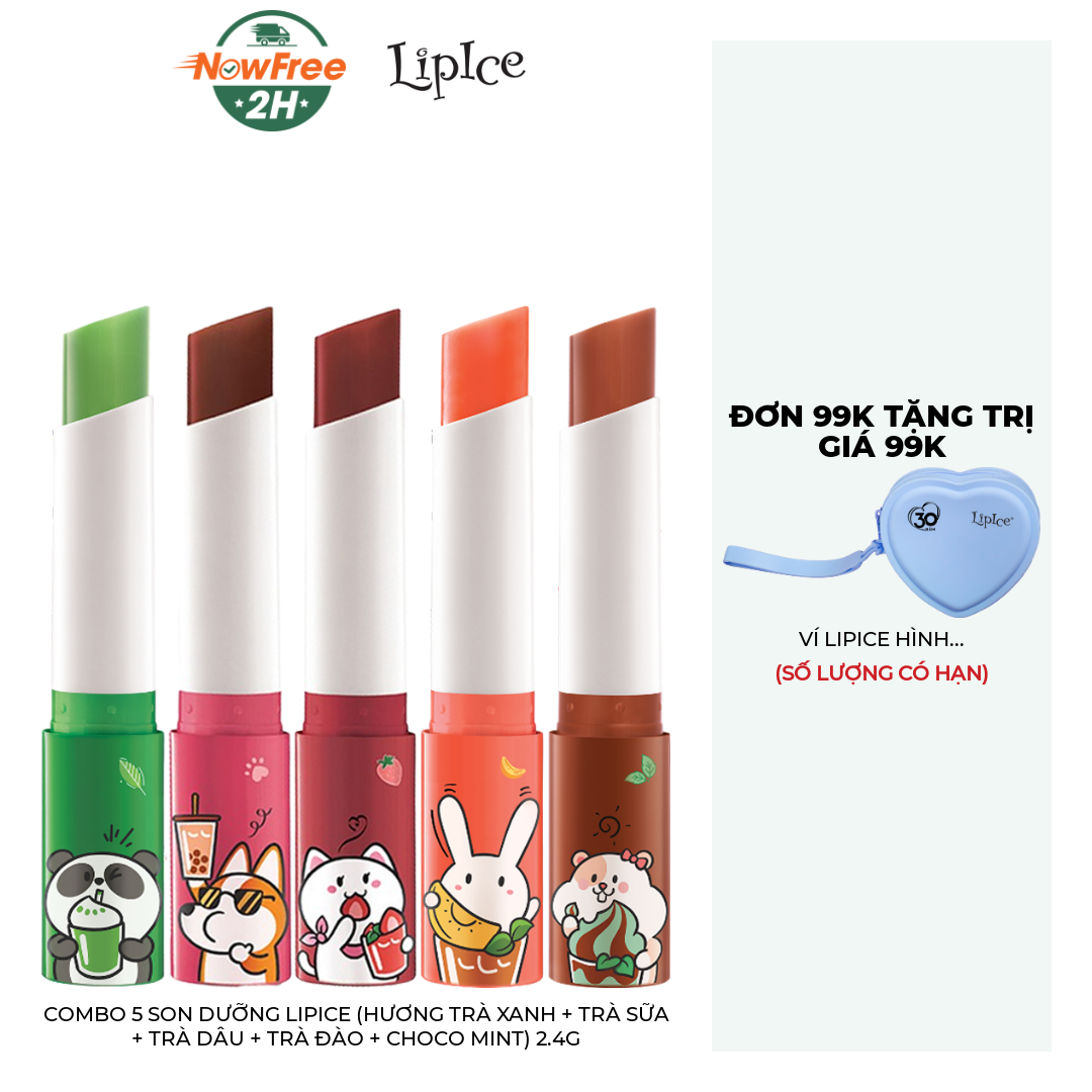 Combo 5 Son Dưỡng LipIce (Hương Trà Xanh + Trà Sữa + Trà Dâu + Trà Đào + Choco Mint) 2.4g