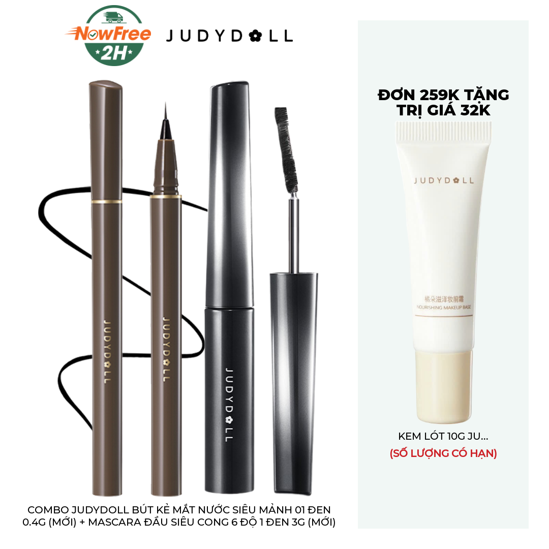 Combo Judydoll Bút Kẻ Mắt Nước Siêu Mảnh 01 Đen 0.4g (Mới) + Mascara Đầu Siêu Cong 6 Độ 1 Đen 3g (Mới)