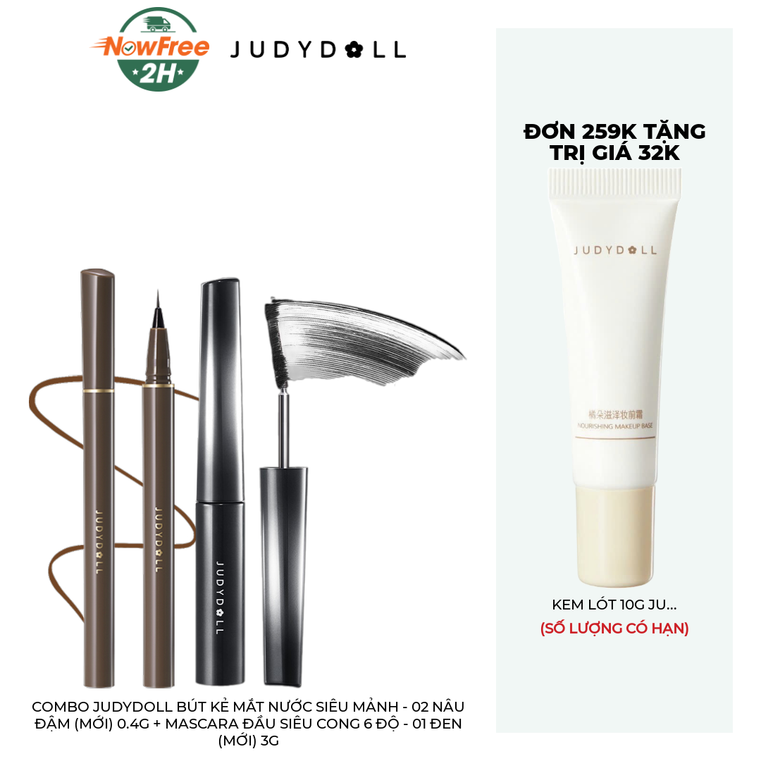 Combo Judydoll Bút Kẻ Mắt Nước Siêu Mảnh - 02 Nâu Đậm (Mới) 0.4g + Mascara Đầu Siêu Cong 6 Độ - 01 Đen (Mới) 3g
