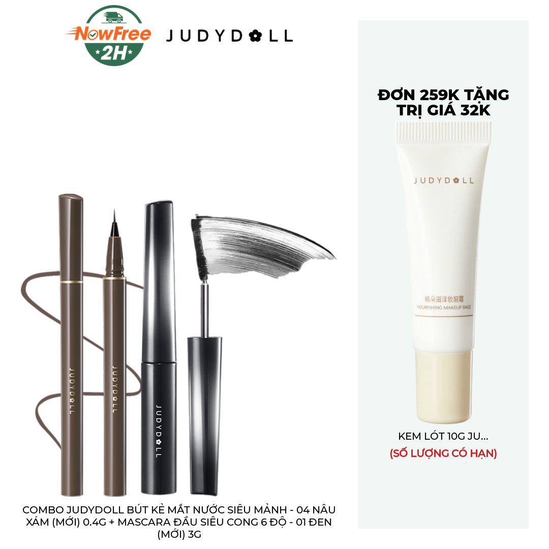 Combo Judydoll Bút Kẻ Mắt Nước Siêu Mảnh - 04 Nâu Xám (Mới) 0.4g + Mascara Đầu Siêu Cong 6 Độ - 01 Đen (Mới) 3g