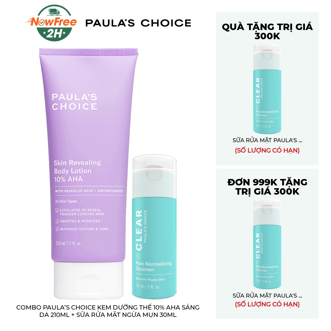 Combo Paula’s Choice Kem Dưỡng Thể 10% AHA Sáng Da 210ml + Sữa Rửa Mặt Ngừa Mụn 30ml
