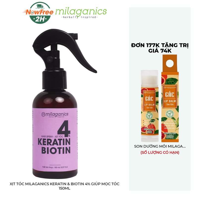 Xịt Tóc Milaganics Keratin & Biotin 4% Giúp Mọc Tóc 150ml
