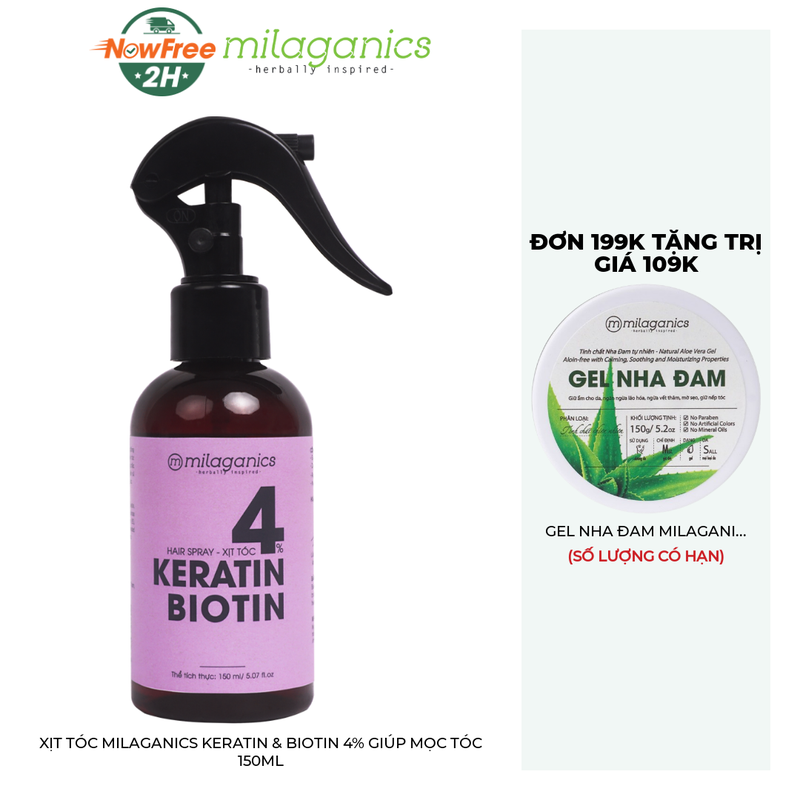 Xịt Tóc Milaganics Keratin & Biotin 4% Giúp Mọc Tóc 150ml