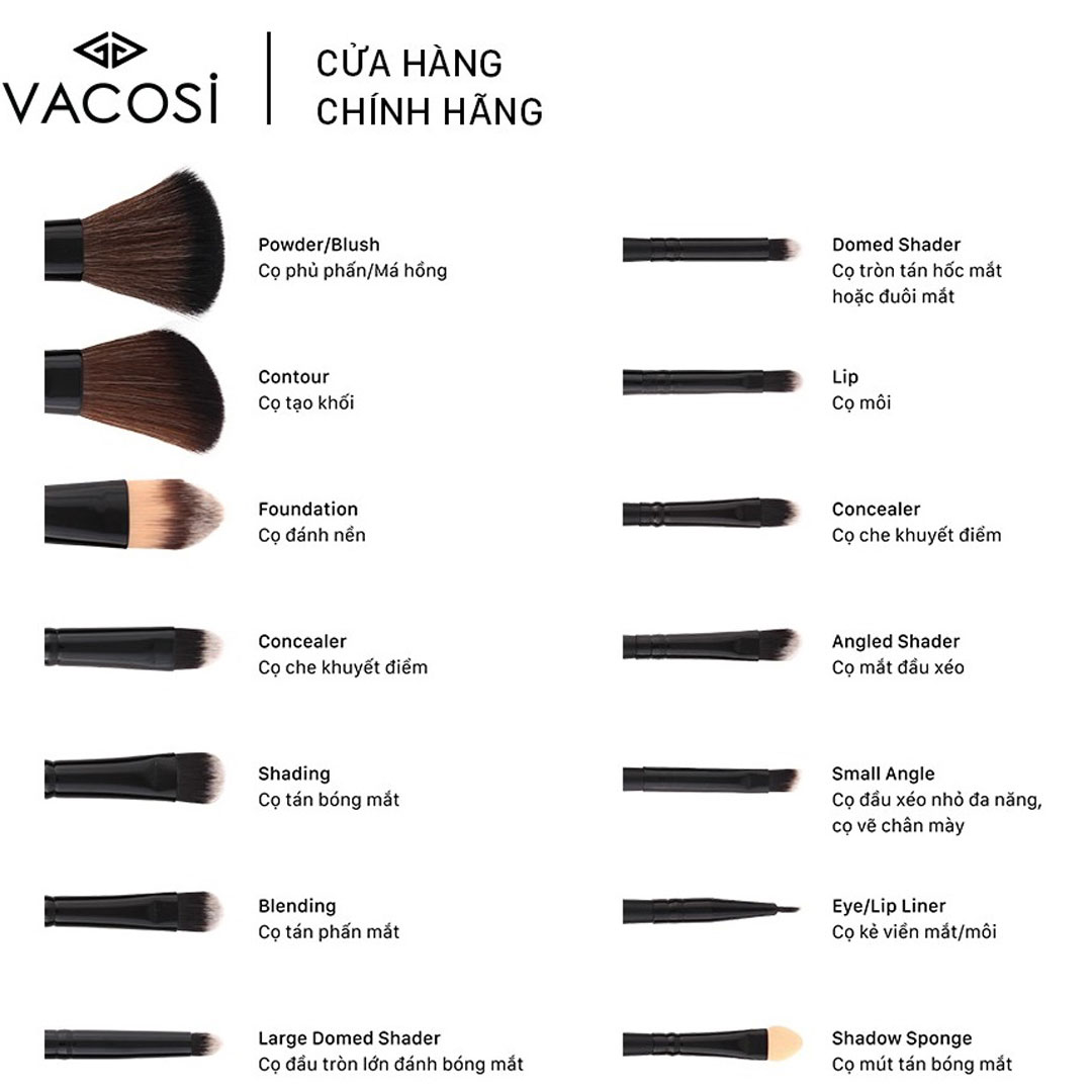 Bộ Cọ Trang Điểm Vacosi Essential Brush Set BC09 bao gồm 14 Cây phù hợp với nhu cầu trang điểm cá nhân hoặc trang điểm hằng ngày