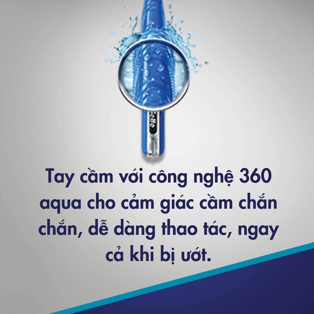 Dao Cạo Râu Gillette Mach3 + New được thiết kế với tay cầm công nghệ 360 Aqua cho cảm giác cầm chắn chắn, dễ dàng thao tác, ngay cả khi bị ướt.