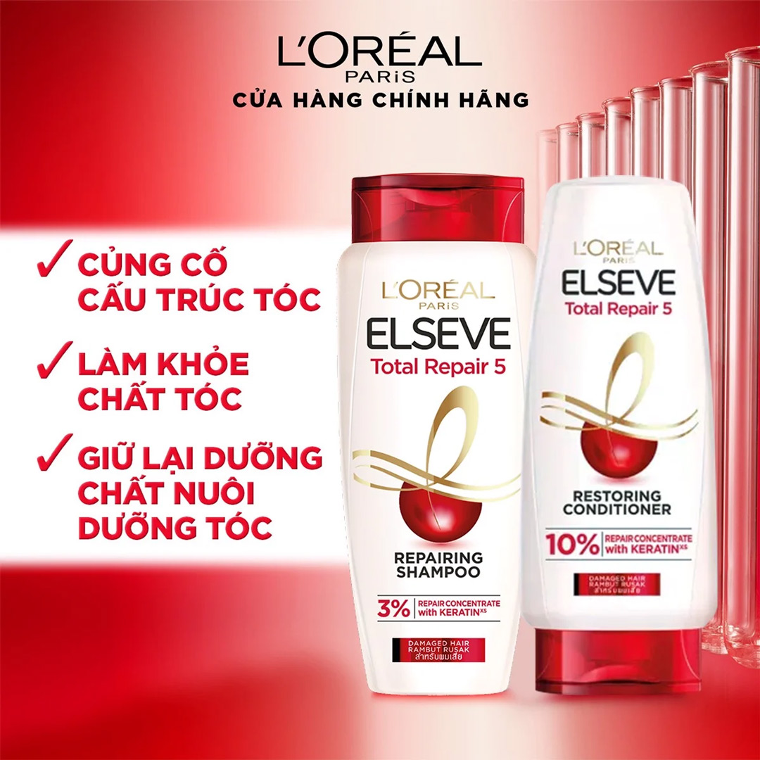 Dầu Xả L'Oréal Paris Elseve Total Repair 5 Restoring Conditioner giúp cải thiện 5 dấu hiệu tóc hư tổn