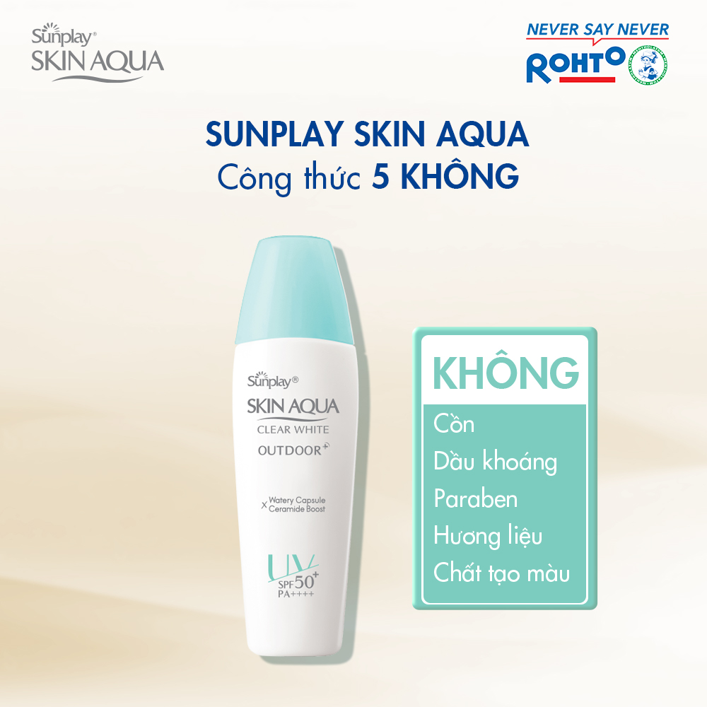 Gel Chống Nắng Sunplay Skin Aqua Clear White Outdoor SPF50+ PA++++ với công thức 5 KHÔNG: cồn, dầu khoáng, paraben, hương liệu, chất tạo màu.