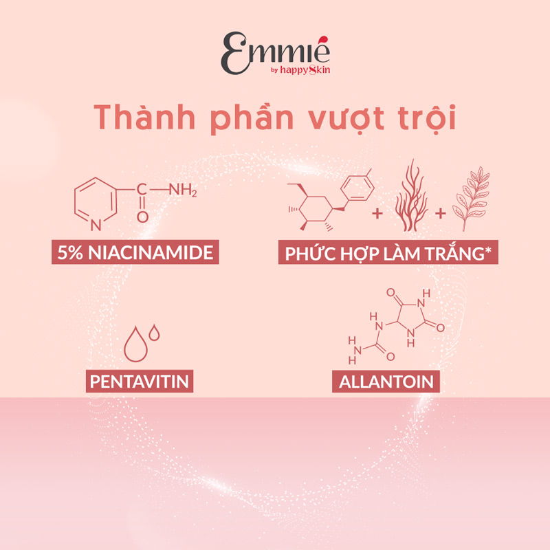 Kem Dưỡng Emmié Face & Body 5% Niacinamide Emulsion chứa Niacinamide 5% giúp dưỡng sáng da an toàn, lành tính.