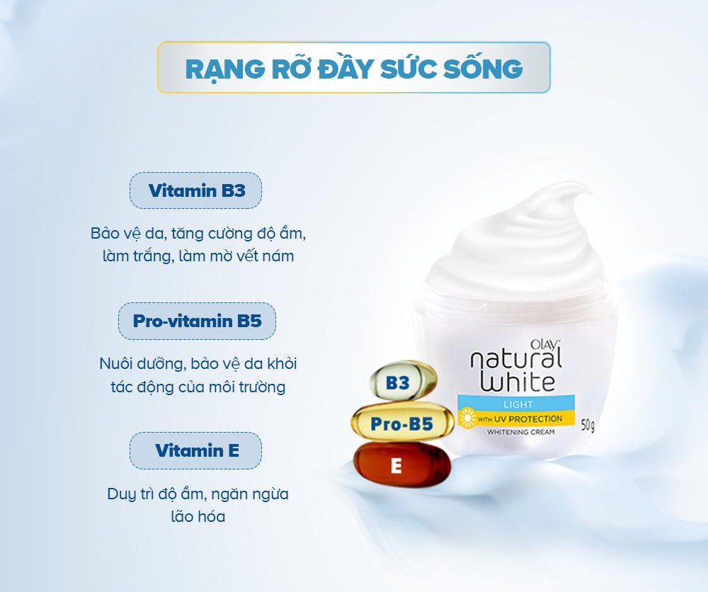 Kem Dưỡng Sáng Da Ban Ngày Olay Natural White UV chứa Vitamin B3, Pro Vitamin B5 và Vitamin E