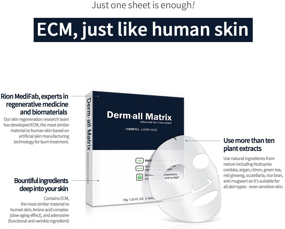 Mặt Nạ Derm All Matrix Facial Dermal-Care Mask được làm từ chất liệu sinh học - nền ngoại bào ECM có cấu trúc tương đồng với da người