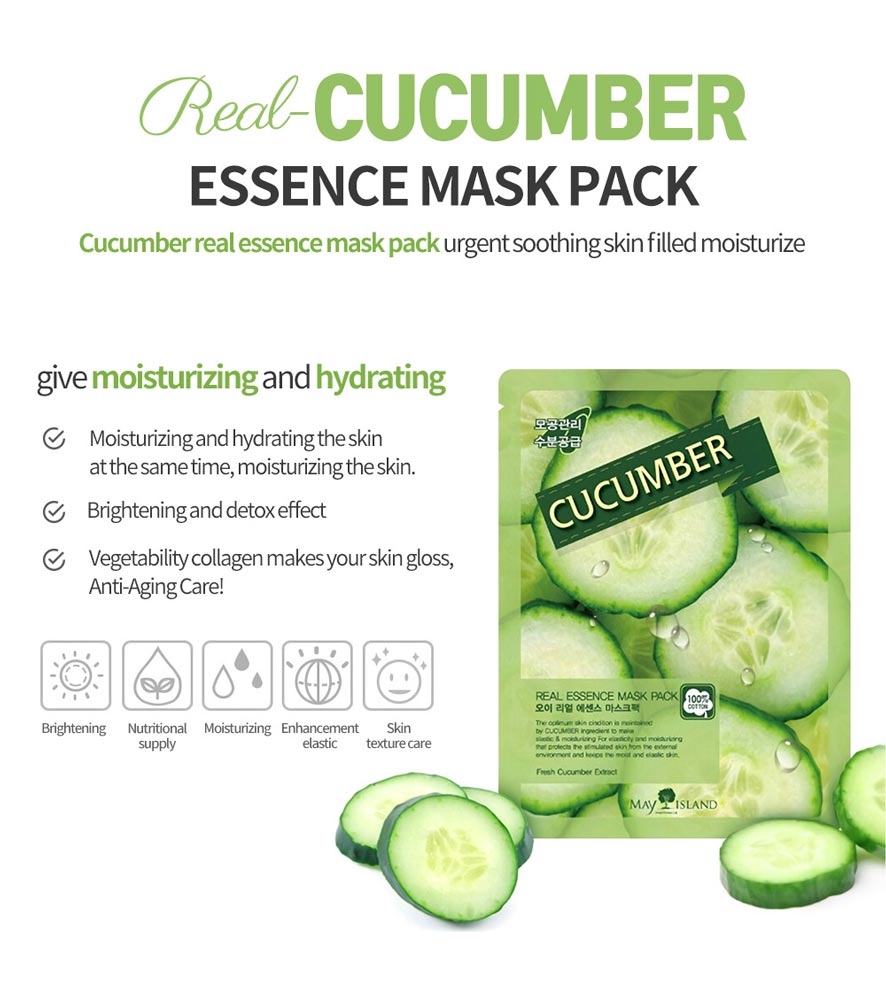 Mặt Nạ Cucumber Real Essence Mask Pack chiết xuất Dưa Leo dưỡng ẩm và làm dịu mát da tức thì.