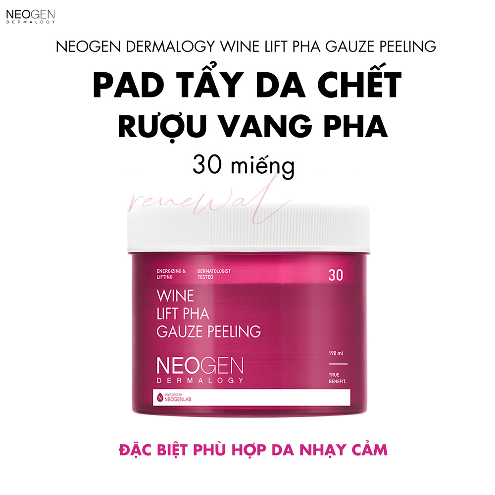 Pad Tẩy Da Chết Rượu Vang Neogen Dermalogy Wine Lift PHA Gauze Peeling 30 Miếng