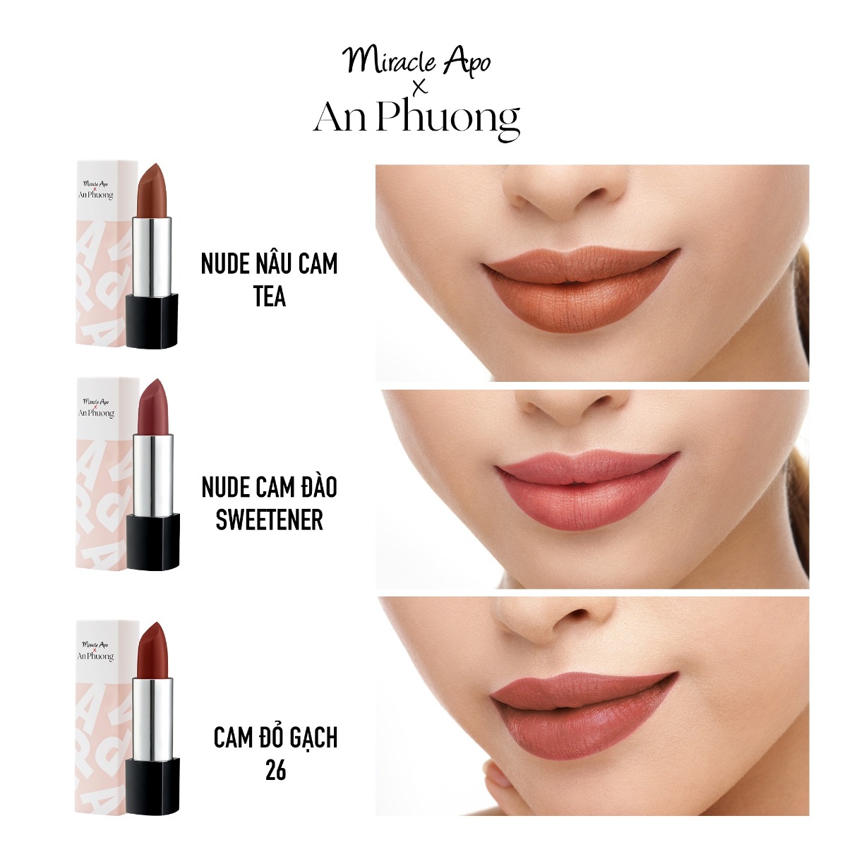 Son Thỏi Miracle Apo x An Phương Holiday Collection Lipstick bao gồm 3 tone màu