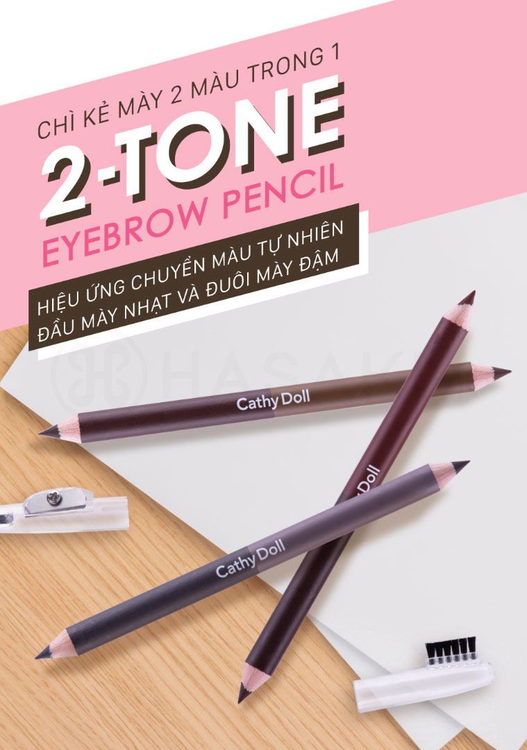 Chì kẻ mày Cathy Doll 2-Tone Eyebrow Pencil 1g+1g tạo hiệu ứng chuyển màu tự nhiên đầu mày nhạt và đuôi mày đậm.