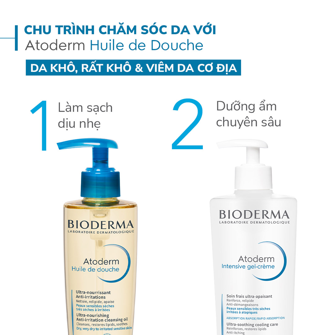 Chu trình chăm sóc da với Dầu Tắm Bioderma Atoderm Huile De Douche dành cho da khô, rất khô, viêm da cơ địa.