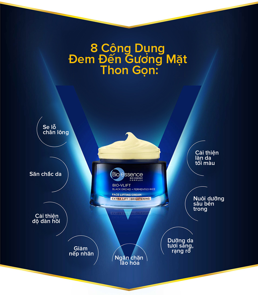 Kem dưỡng Bio-Essence Bio-Vlift Face Lifting Cream có 8 công dụng giúp đem đến gương mặt thon gọn, săn chắc.