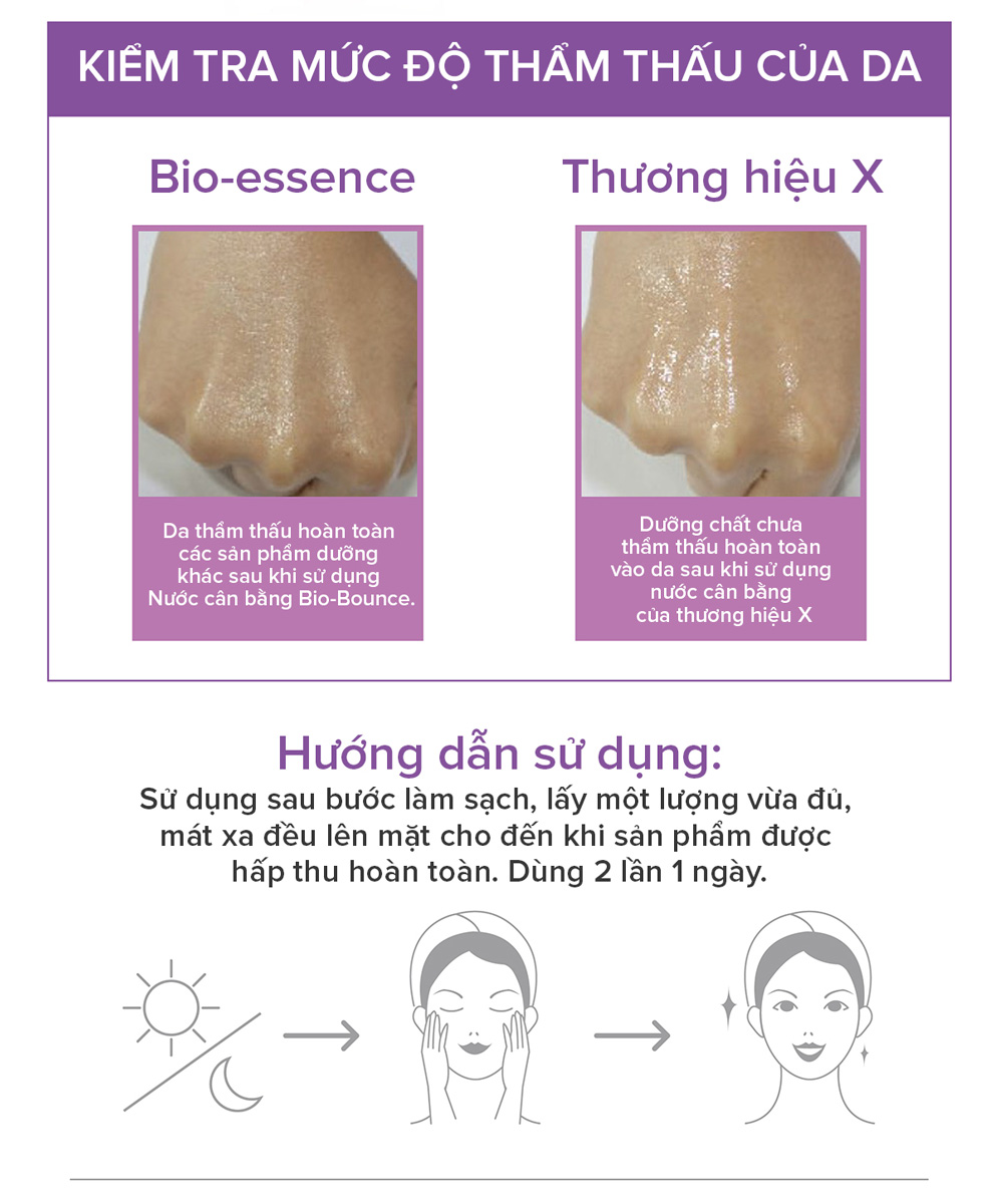 Nước Cân Bằng Bio-essence Bio-Bounce Bird's Nest Collagen Skin Enhancer giúp tối ưu hoá hiệu quả của các bước chăm sóc tiếp theo.