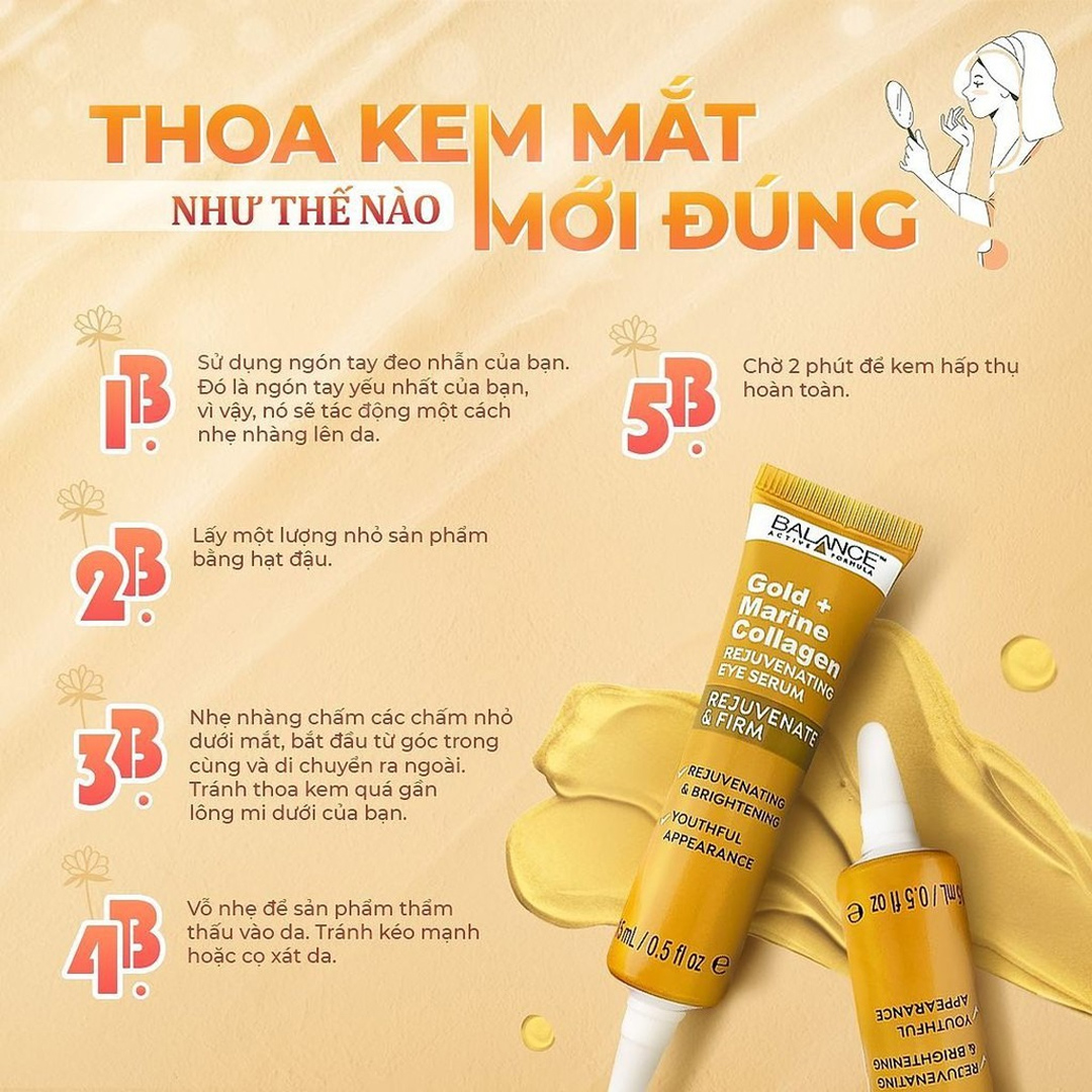 Hướng dẫn sử dụng Serum Dưỡng Mắt Ngừa Lão Hóa Balance Active Formula Gold Collagen Rejuvenating Eye Serum 15ml