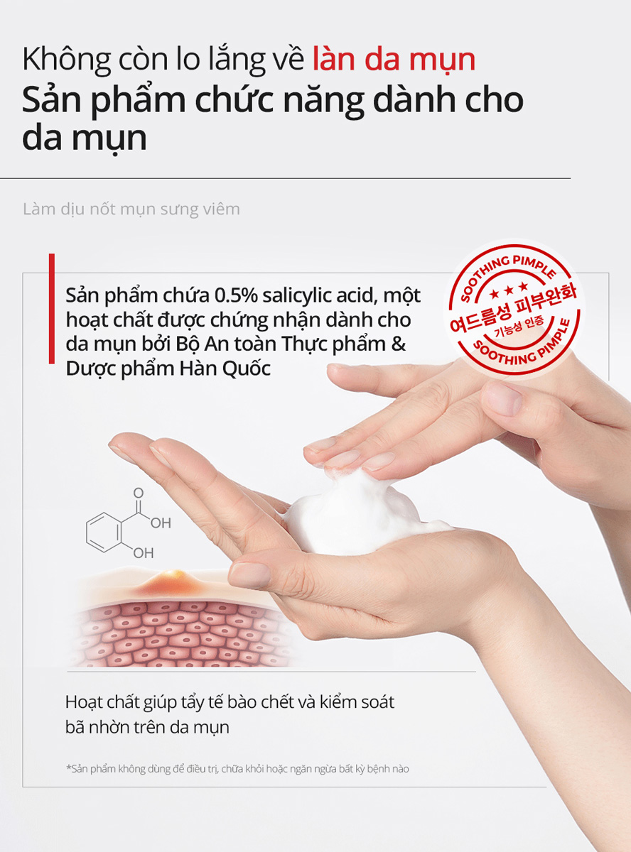 Sữa Rửa Mặt B.O.M AC Red Free Cleansing Foam chứa 0.5% Salicylic Acid giúp tẩy tế bào chết và kiểm soát bã nhờn trên da mụn.