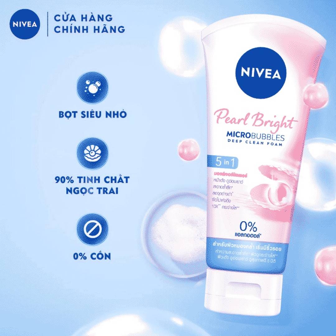 Sữa rửa mặt giúp sáng da ngọc trai Nivea Pearl Bright Micro Bubbles Deep Clean Foam 5IN1 100g