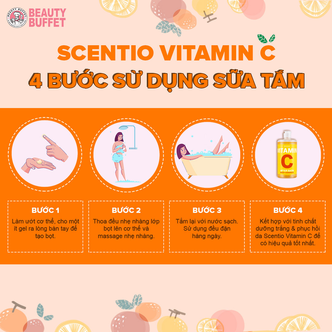 4 bước sử dụng Sữa Tắm Beauty Buffet Scentio Vitamin C