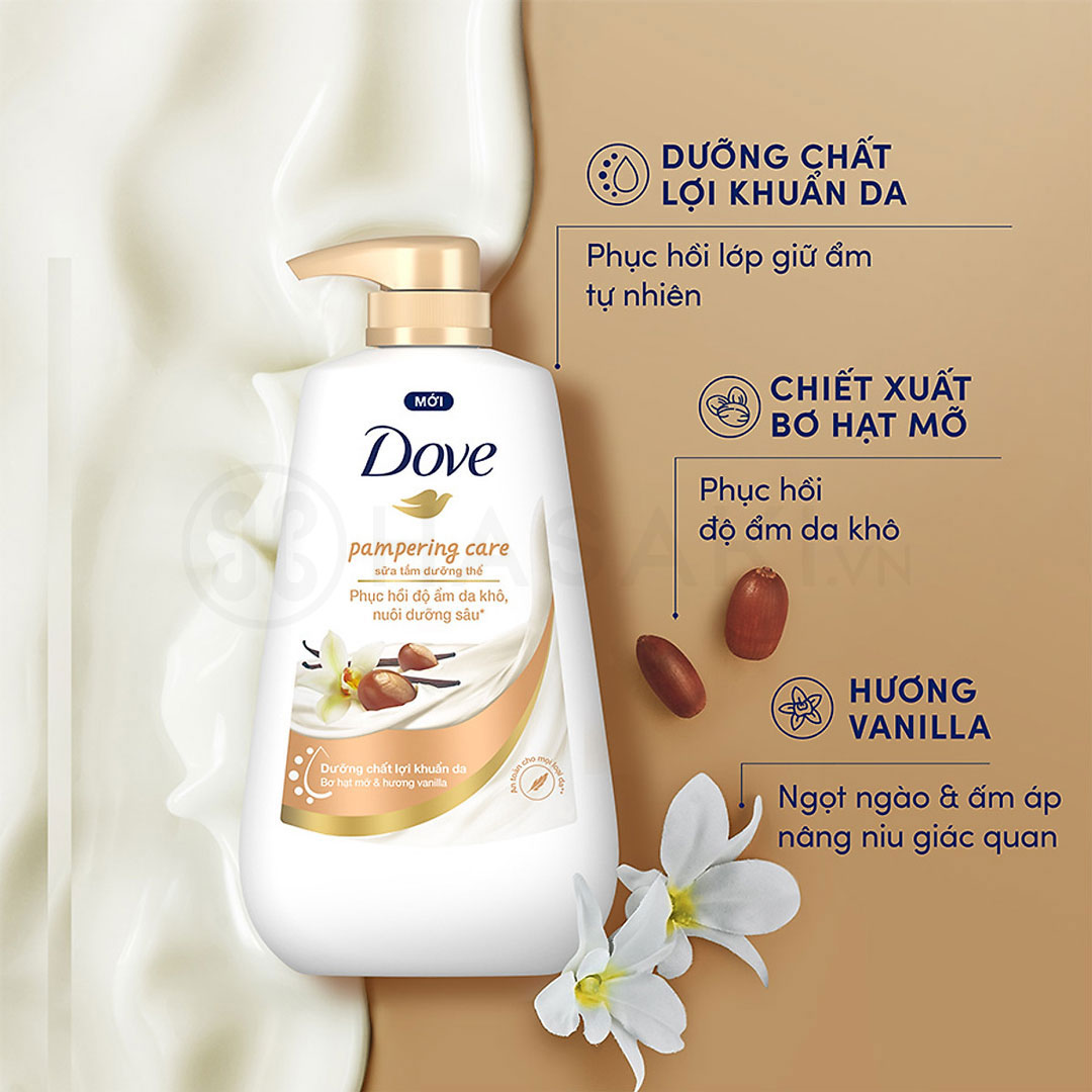 Sữa Tắm Dưỡng Thể Dove Pampering Care Phục Hồi Độ Ẩm Da Khô Với Bơ Hạt Mỡ Và Hương Hoa Vanilla