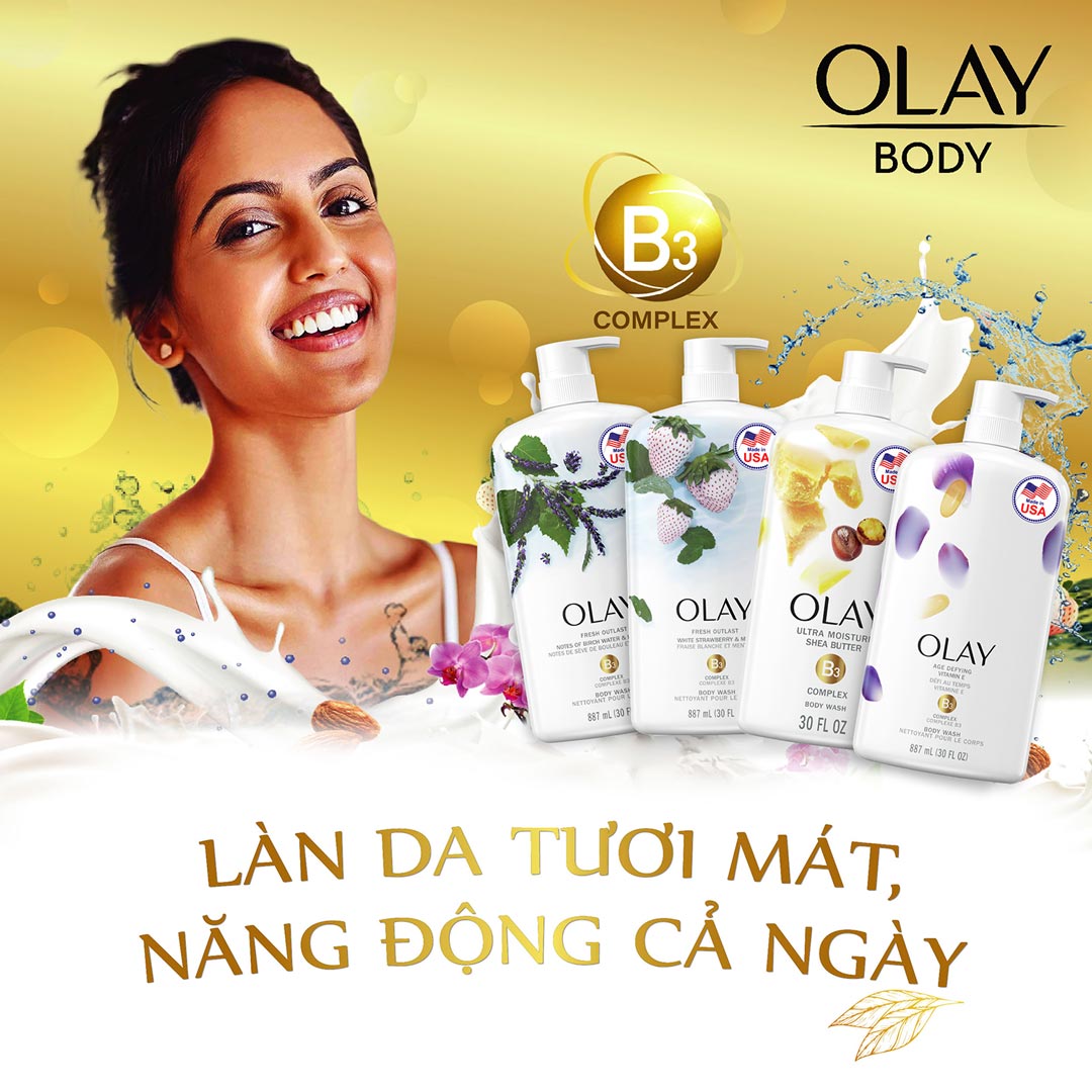 Sữa Tắm Olay Body Wash cho làn da tươi mát, năng động cả ngày.