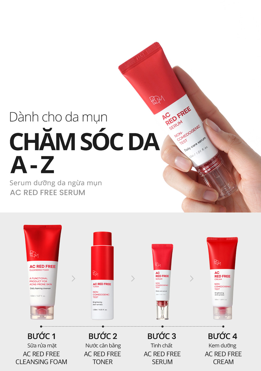 Serum dưỡng da ngừa mụn B.O.M AC Red Free Serum thuộc bộ sản phẩm AC RED-FREE mới từ thương hiệu mỹ phẩm B.O.M Cosmetic.