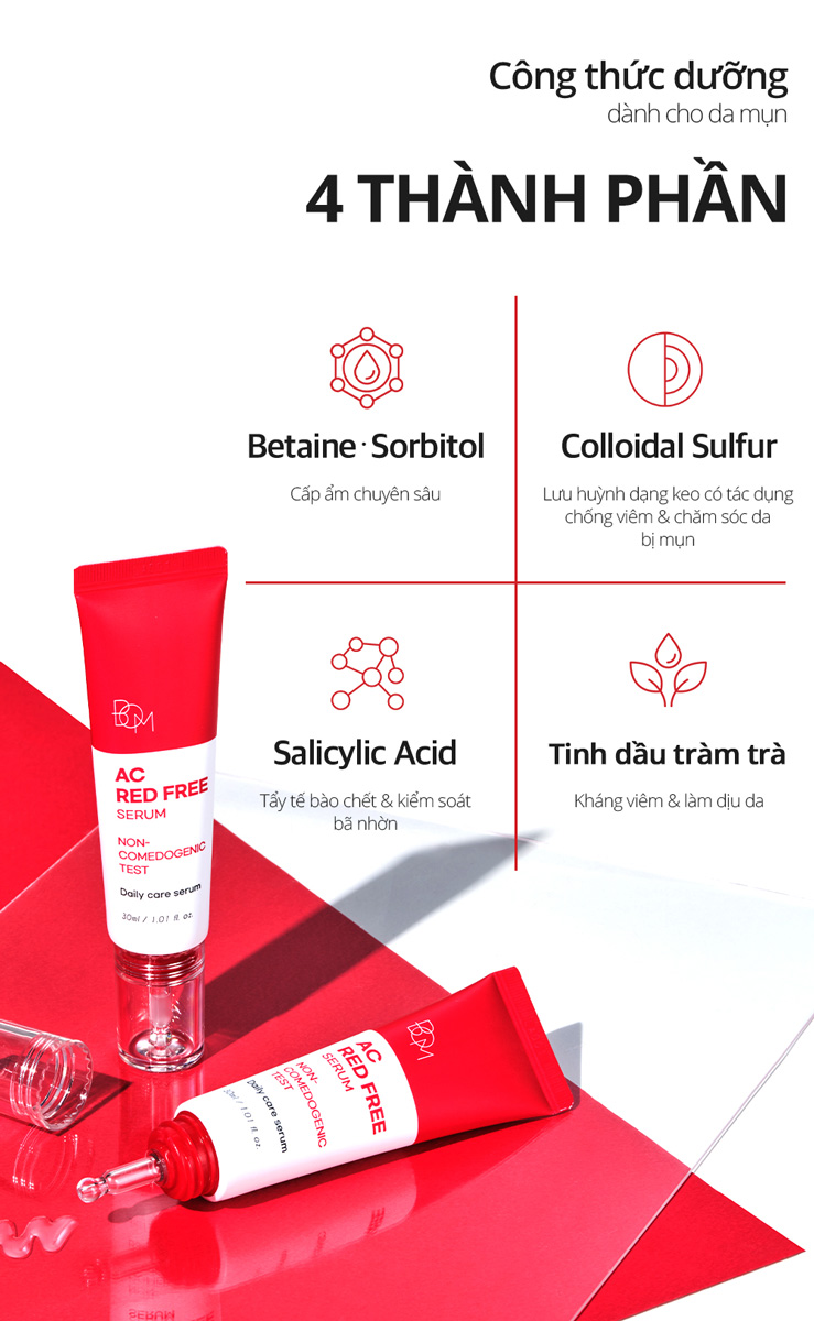Tinh Chất Ngăn Ngừa Mụn Đỏ B.O.M AC Red Free Serum với công thức dưỡng chuyên biệt dành cho da mụn.