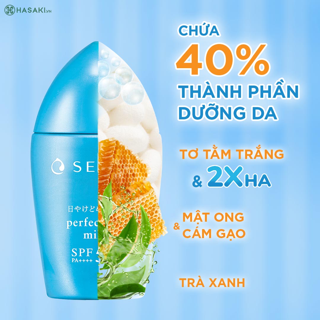 Chống nắng Senka Perfect UV mới chứa 40% thành phần dưỡng da giúp da ẩm mượt, mịn màng.