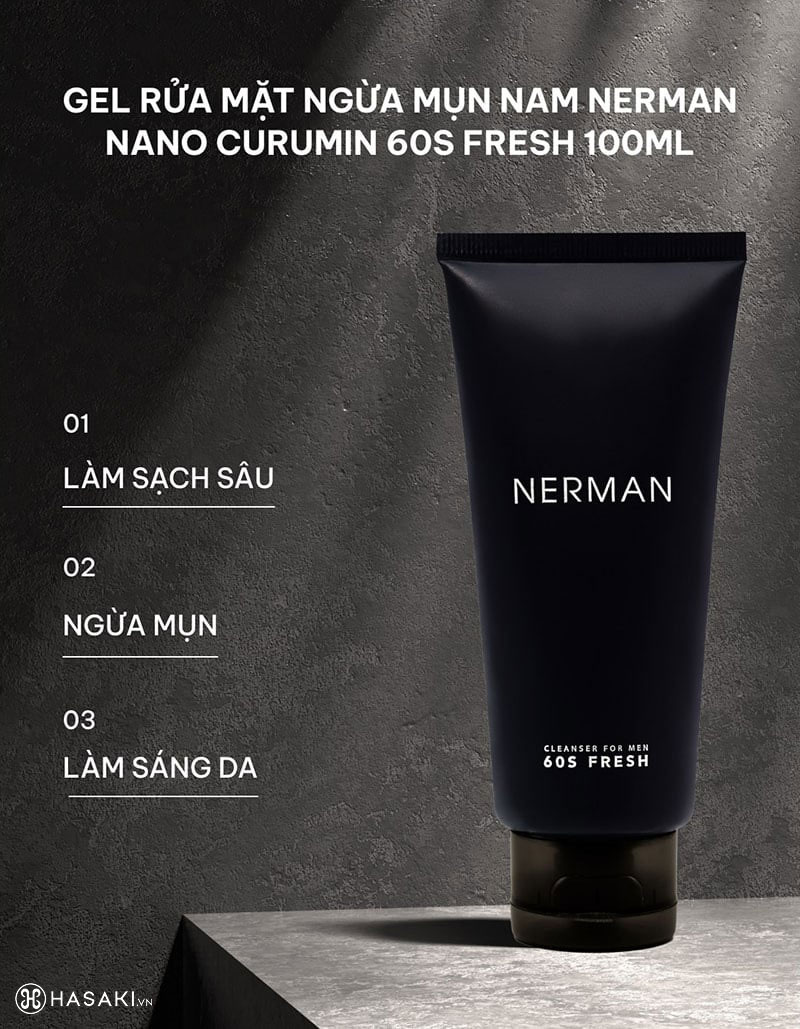Gel rửa mặt ngừa mụn nam Nerman Nano Curcumin 60s Fresh 100ml