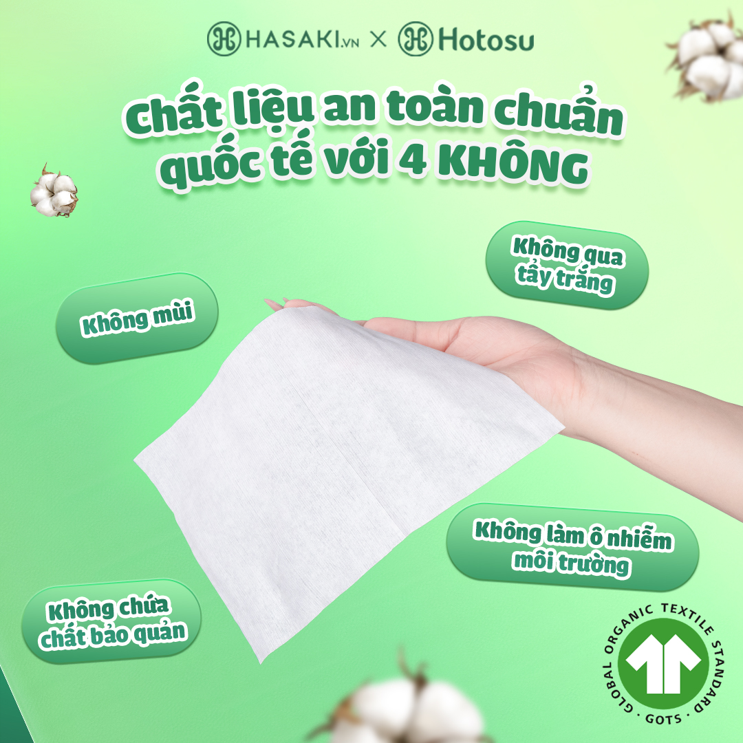 Khăn Lau Mặt Khô Hotosu Cao Cấp sử dụng chất liệu an toàn đạt chuẩn quốc tế với tiêu chí 4 KHÔNG: Không tẩy trắng, không hương liệu, không chất bảo quản, không ô nhiễm môi trường.