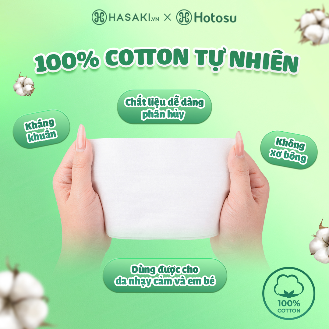 Khăn Lau Mặt Khô Hotosu Cao Cấp được làm từ 100% cotton tự nhiên an toàn cho làn da nhạy cảm.