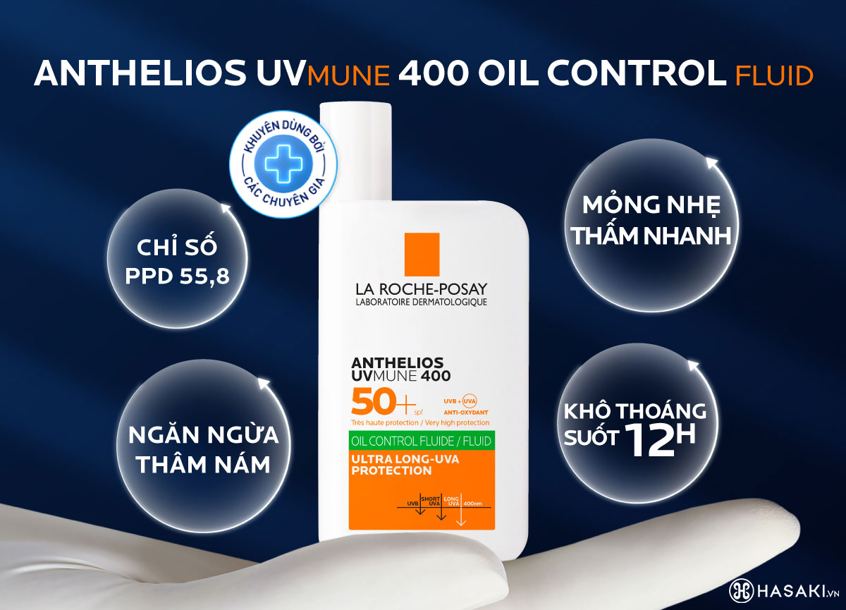 Sữa Chống Nắng La Roche-Posay Anthelios UVMune 400 Oil Control Fluid với chỉ số PPD 55,8 giúp bảo vệ da tối ưu khỏi tác hại của tia UVA dài.