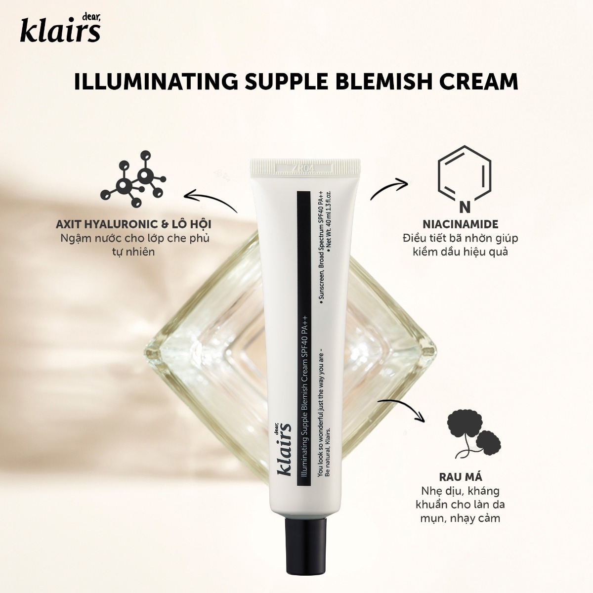Kem Nền Klairs Trang Điểm Giúp Lớp Nền Căng Mịn 40ml Illuminating Supple Blemish Cream SPF40/PA++