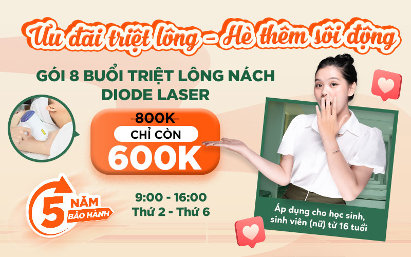 Giảm ngay 200K cho các bạn học sinh - sinh viên nữ, khi mua gói 8 buổi triệt lông vùng nách Diode Laser tại Hasaki Clinic (Giá gốc 800K, giảm chỉ còn 600K)