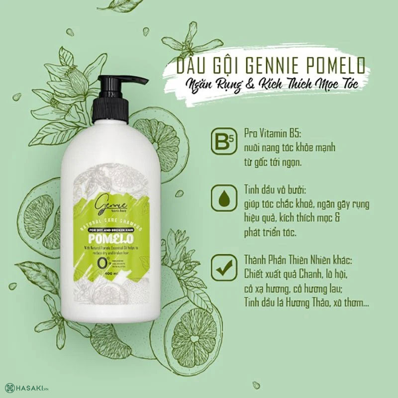 Dầu Gội Gennie Natural Care Shampoo Conditioner - Pomelo For Dry & Broken Hair Bưởi Ngăn Rụng, Kích Thích Mọc Tóc 400ml