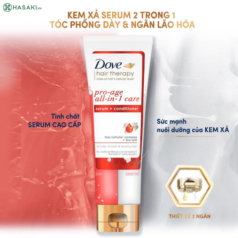 Kem Xả Dove Hair Therapy Pro-Age All-In-1 Care Serum + Conditioner Tóc Phồng Dày & Ngăn Lão Hóa 