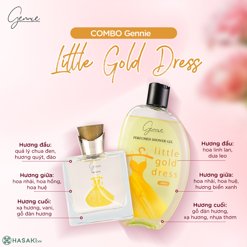 Combo Nước Hoa Nữ Gennie Little Gold Dress 50ml + Sữa Tắm Nước Hoa Nữ Gennie Little Gold Dress For Her Tươi Trẻ & Phóng Khoáng 450ml