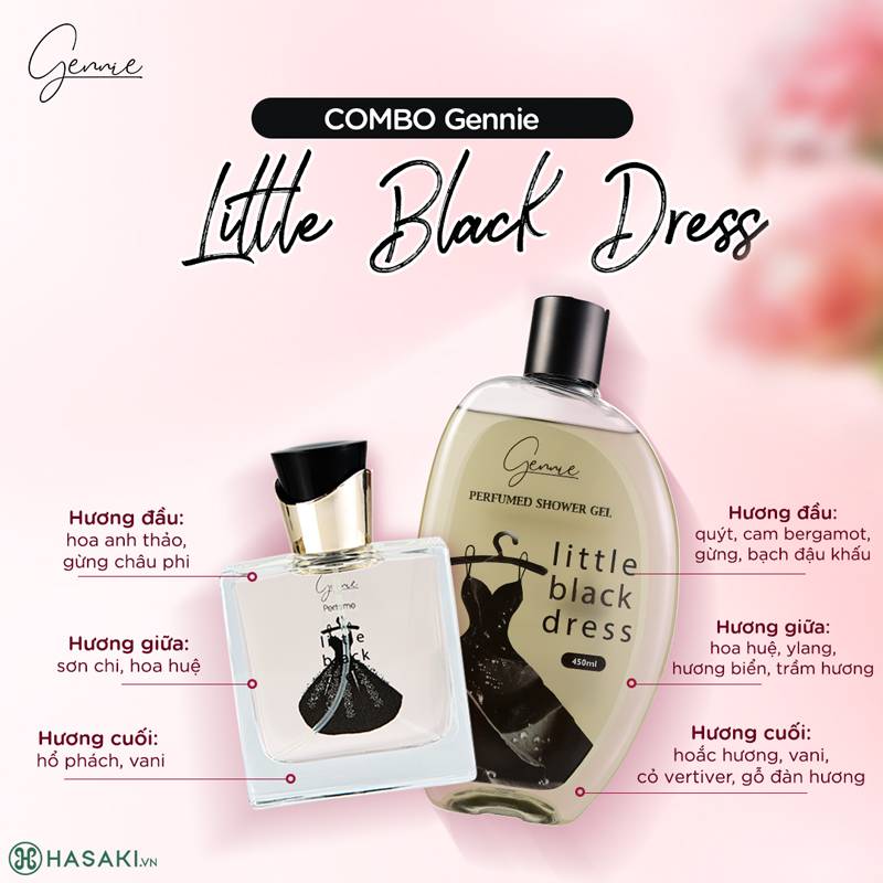 Combo Nước Hoa Nữ Gennie Little Black Dress 50ml + Sữa Tắm Nước Hoa Nữ Gennie Little Black Dress For Her Cuốn Hút & Ấn Tượng 450ml