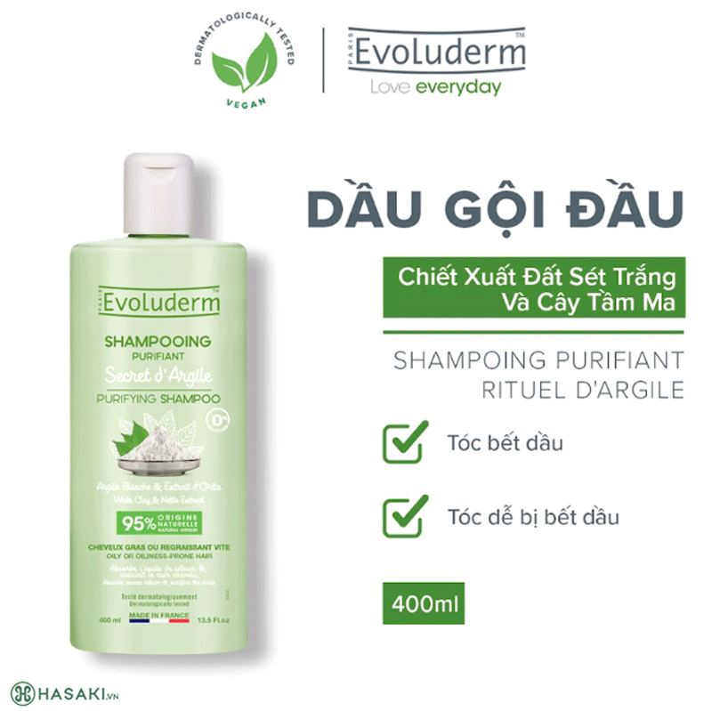 Dầu Gội Evoluderm White Clay & Nettle Extract Shampoo For Oily Or Oiliness-Prone Hair Cho Tóc Dễ Bết Dầu 400ml